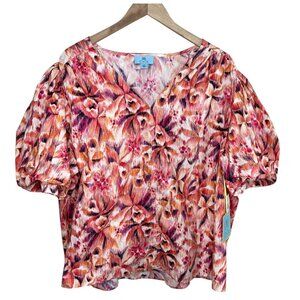 CeCe Womens V-Neck Puff Sleeve Pink Floral Top Plus SIze  3X